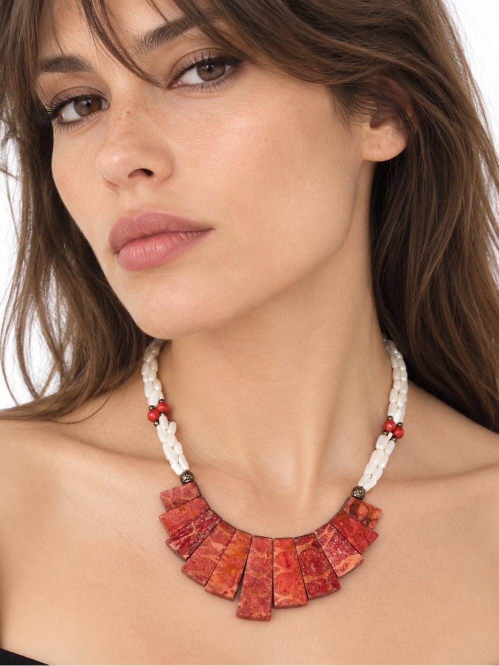 Mother of Pearl & Red Stone vintage Statement Necklace